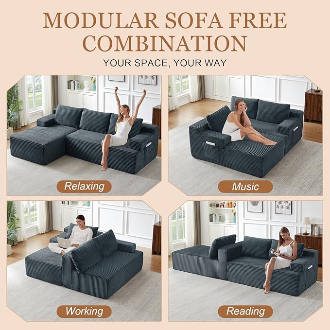 97 Cloud Sectional Couch Modern Boneless Couch with L-Shape Chaise Deep Seat Modular Sectional Sofa Corduroy Corner Foam Couches for Living RoomNo Assembly Required(Dark Gray Left Chaise)