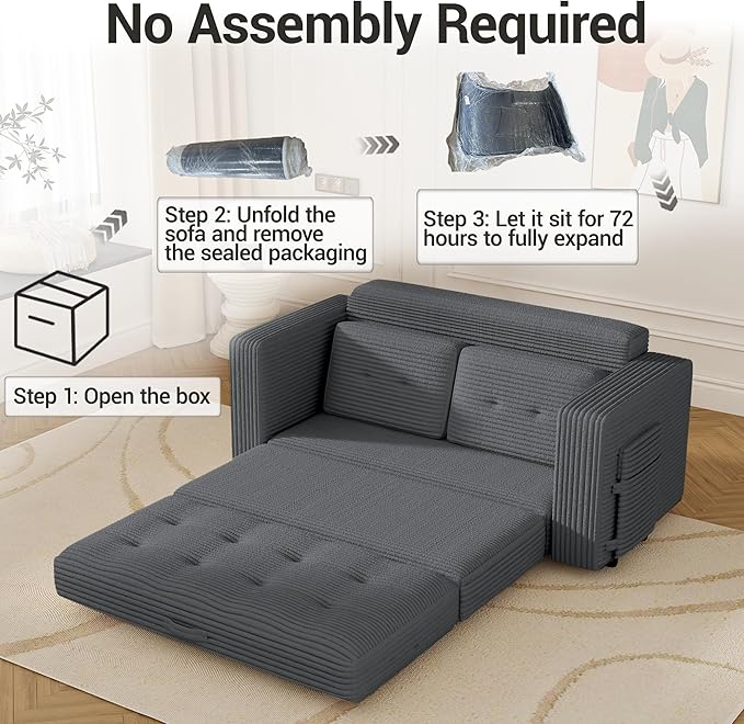 Convertible Boneless Sofa Bed 2 in 1 Pull Out Loveseat Sleeper Sofabed Folding Couch Bed with Pillows for Living Room Bedroom Small Space Grey