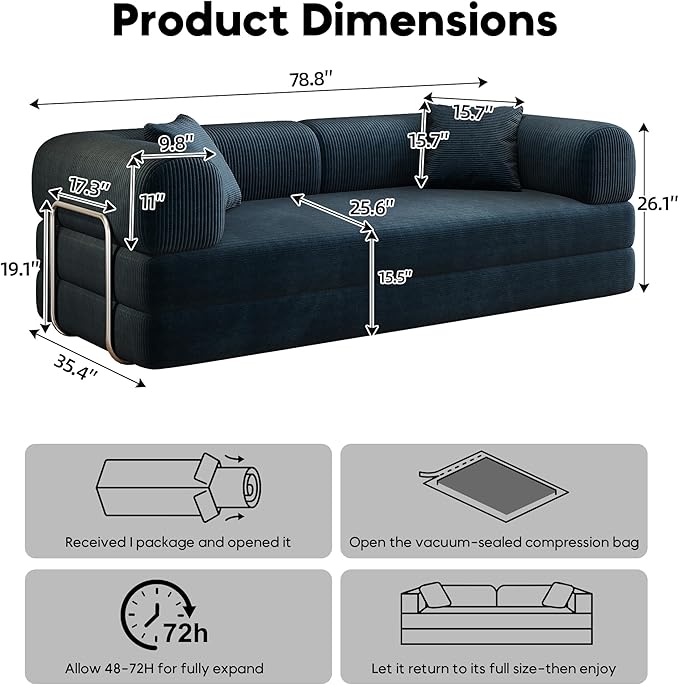79 Convertible Sleeper Sofa Bed Modern Corduroy Floor Couch Bed with Silver Fixed-Shape Frame Modular Sofa with Pull Out Bed Loveseat Sleeper Boneless Couch for Living RoomBlue