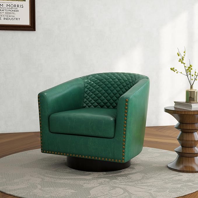 Swivel Barrel Accent Chair Comfy Modern Upholstered Round Faux Leather Arm Chair for Living Room Bedroom（Green Set of 4