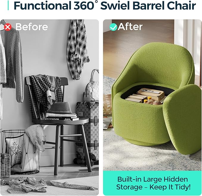 LINSY Swivel Accent Chair with Storage Comfy Chenille Barrel Chairs Small 360 Swivel Modern Armchair for Living Room Bedroom Boucle Reading Chair for Study Room (Green)