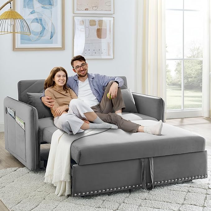 3 in 1 Convertible Sleeper Futon Sofa Bed 55 Velvet Small Loveseat Lounge Couches with 2 Pillows Reclining Backrest USB Ports &amp Side Pockets for Living Room Pull-Out Couch Light Grey