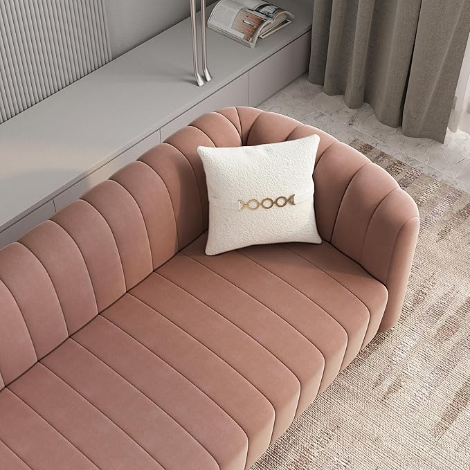 Modern Pink Velvet Couch for Living Room 83.46 Curved Sofa with Gold Metal Sphere Legs 3 Seater Upholstered Cute Couch (Pink)