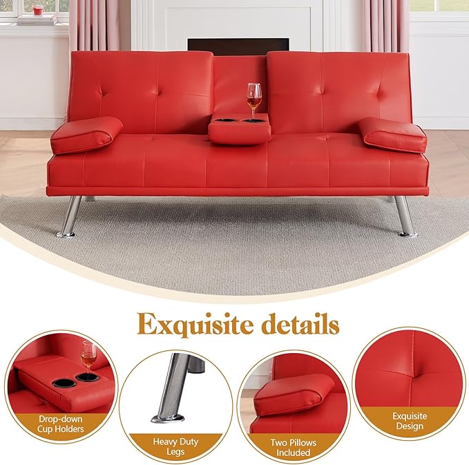 Modern Futon Sofa Bed 67 Inch Leather Convertible Futon Couch Loveseat Sleeper for Small SpacesComfy Folding Recliner Couches for Living Room Adjustable Backrest2 Cup HoldersMetal Legs (RED)