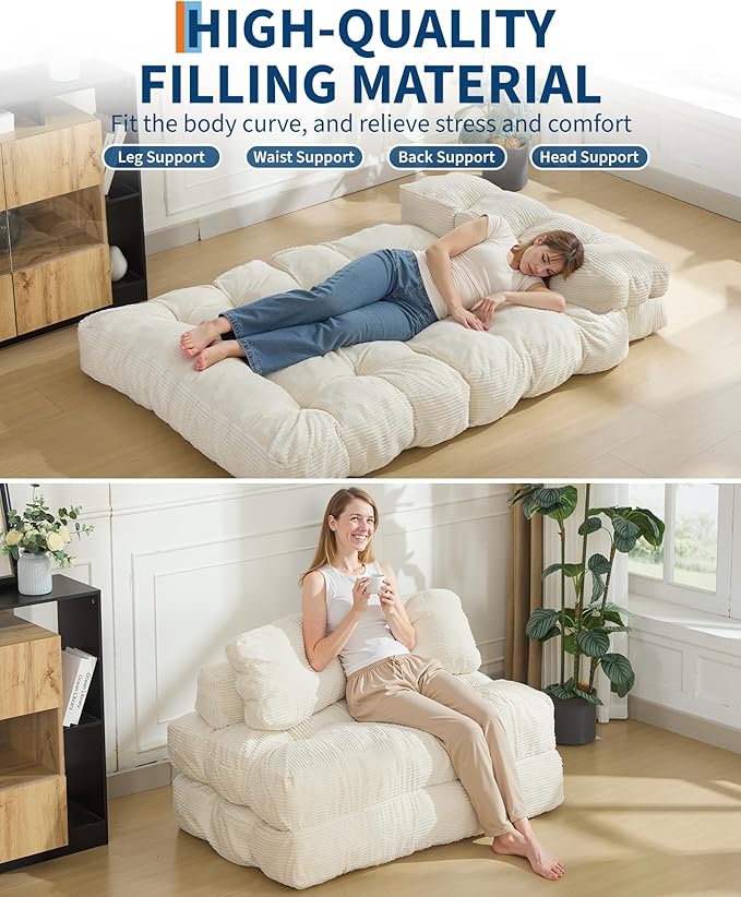 Folding Sofa Bed 3-in-1 Convertible Sleeper Chair with Pillow Double Futon Couch Bed with Back Support Portable Fold Out Chair Bed Comfy Floor Sofa Lounge for Living Room Bedroom Beige