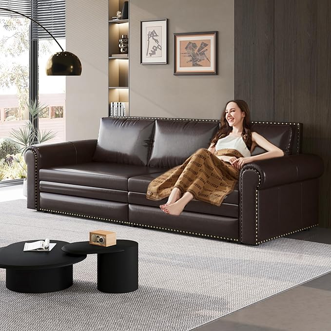 93.7 Faux Leather Convertible Sleeper Sofa 3 in 1 King Size Pull Out Sofa Bed Oversized Loveseat Couch for Living Room Bedroom Dark Brown