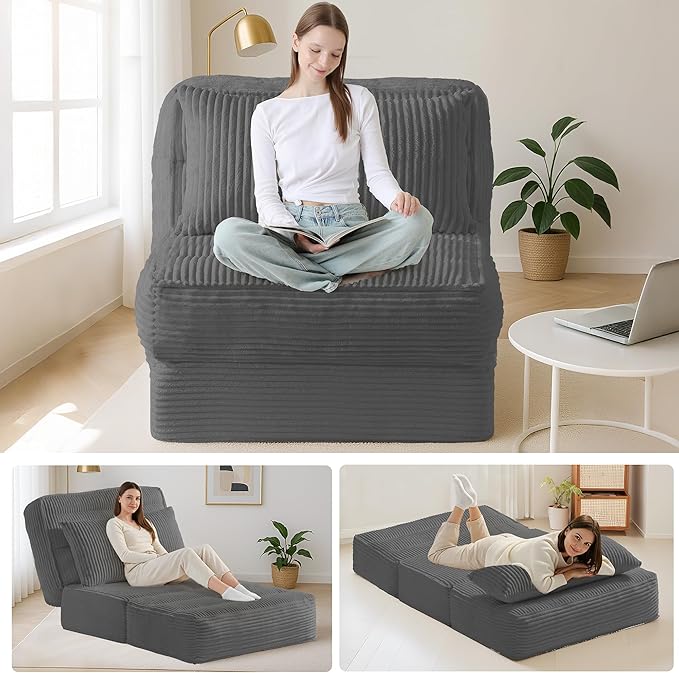 Single Convertible Sofa Bed with Fixed Frame &amp Thickened Cushion Boneless Couch Folding Chair Bed with 5-Position Adjustable Backrest Pull-Out Futon with Pillow for Small Spaces ApartmentGrey