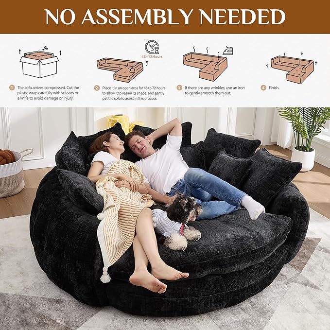 81 Round Sofa Bed Big Bean Bag Round Chaise Lounge Oversized Round Couch Boneless Reading Chair Plush Fluffy Chenille Large Chaise Chair for Living Room Bedroom Apartment Black