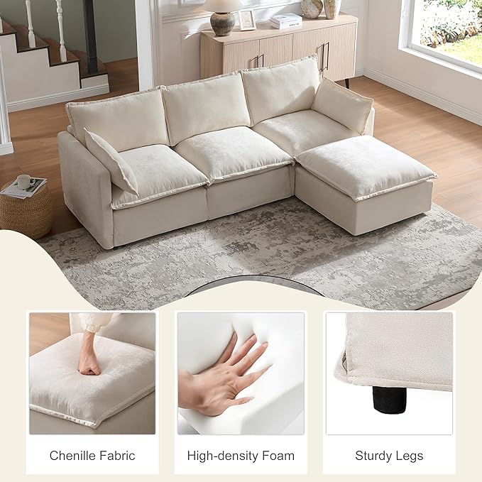 93.31 Inch L-Shaped Couch Sofa with Movable Ottoman Modular Sectional Sofa with 4 Seats and Pillows for Living Room Modern Chenille Fabric Large Comfy Cloud Couch DIY Combination (Beige-93inch)