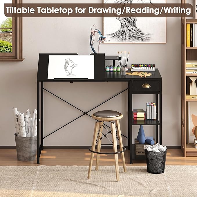 X-cosrack Drafting Table with Storage Shelves &amp Drawer 43 Adjustable Art Desk with Monitor Stand for Home Office Computer Tiltable Draft Drawing Table for Artist Study Writing Workstation Bl