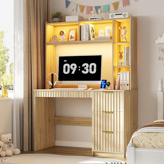 Lvifur LED Study Desk - with Hutch &amp Storage CabinetHome Office Desk with Outlet and 3 Color LED and Card-based LockWriting Desk for BedroomComputer Desks for StudyroomIdeal for Office SetNat