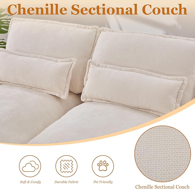 126 Modular Sectional Sofa with Storage Console Cloud Couch Chenille U-Shaped Sofa Cup Holders &amp Wireless Charger Memory Foam Double Chaise for Living Room Office Beige