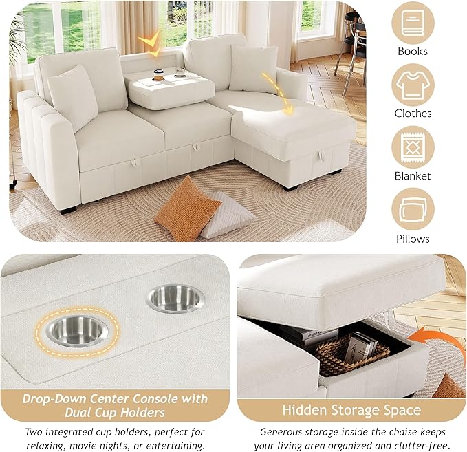 90 L-Shaped Sectional Sleeper Sofa with Reversible Storage Chaise Warp-Knitted Fabric Upholstered Modular Couch with Drop-Down Center Back Cushion with Dual Cup Holders for Living Room (Beige-10)