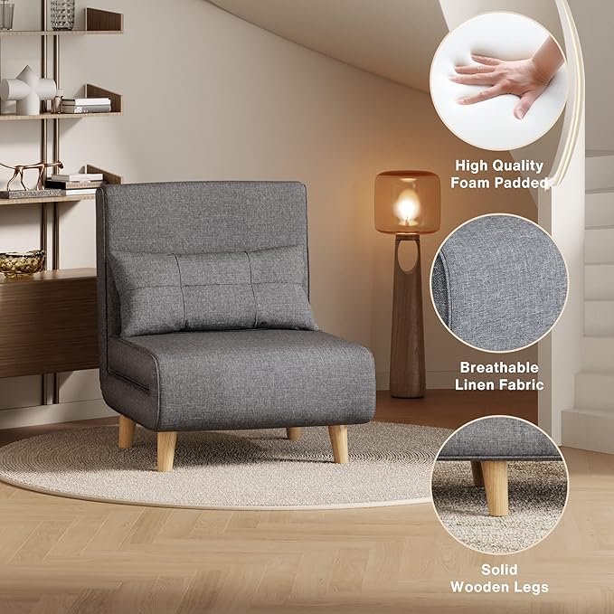 Aiho 3 in 1 Sleeper Chair Bed Convertible Chair Bed Futon Sofa with Adjustable Backrest Accent Chair for Apartment/Bedroom/Office Dark Grey