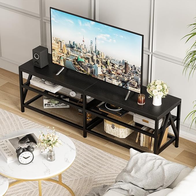 TV Stand for TVs up to 70 Inch 63 Long Industrial TV Console Table with 3-Tier Storage Shelves Entertainment Center for Living Room Bedroom (Black)