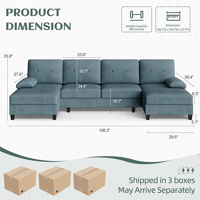 Vongrasig Sectional Couch for Living Room U-Shaped Sofa with Chaise 4-seat Large Sectional Modern Couches for Living Room Apartment (Blue)