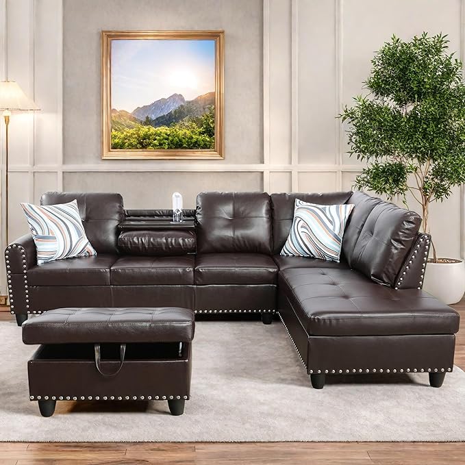 FONTOI Leather Sectional Couch with Otttoman 97 L Shaped Couch Sectional Sofa for Living Room Modern Modular Couches with Cup Holders for Bedroom Apartments Brown