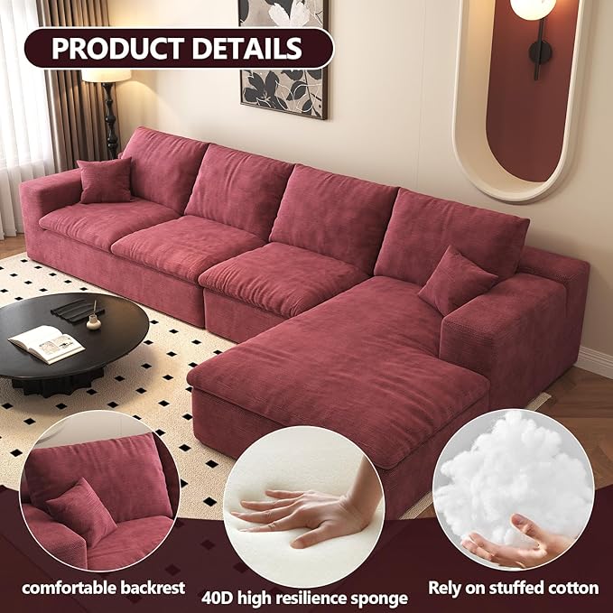 136.6'' L-Shaped Modern Modular Sectional Cloud Couch 4-Seat Chenille Deep-Seat Sofa with Pillow for Living Room Bedroom Apartment Wine Red