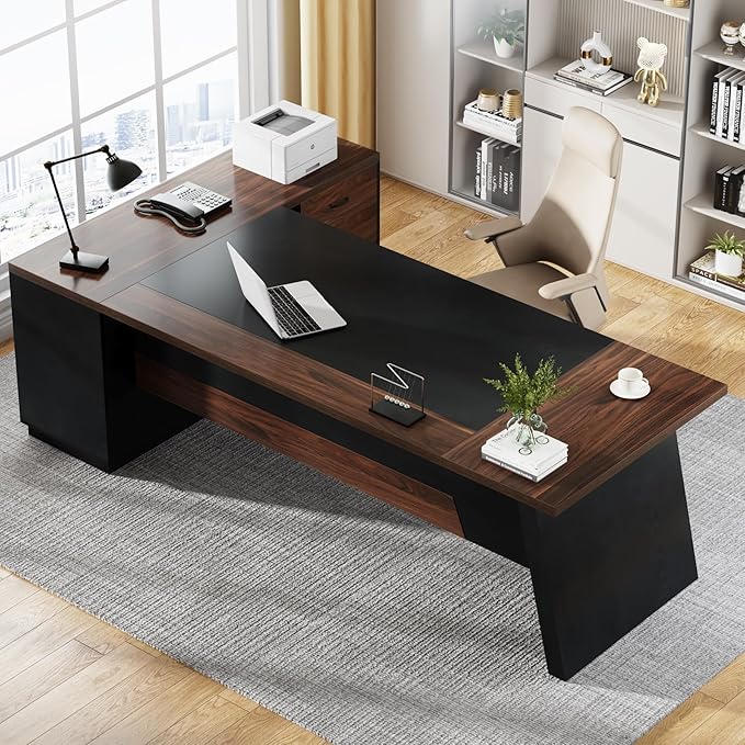 Tribesigns L-Shaped Executive Desk 78-Inch Large Office Desk with Drawers and Lateral File Cabinet Modern Business Furniture with Storage Shelves Workstation for Home Office (Walnut + Black)