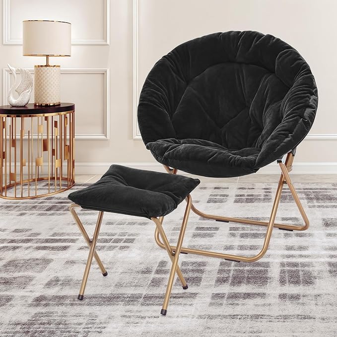 MoNiBloom Round Folding Faux Fur Saucer Chair for Bedroom Living Room Dorm Foldable Metal Frame Oversized Large Comfy Furry Padded Soft Cozy Moon Chair with Footrest Ottoman for Adults (Black)