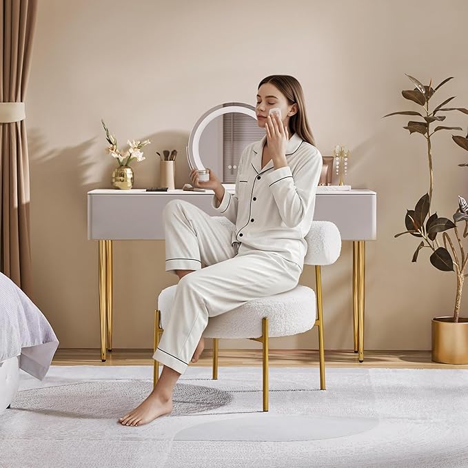 Topeakmart Modern Vanity Chair Boucle Fabric Accent Chair with Gold Metal Legs for Living Room Makeup Room 2 PCS White