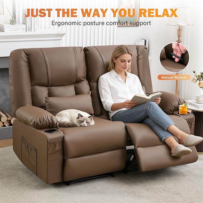 Brown Leather Reclining Loveseat with Massage/Heat/Pillow/USB/Cup Holders Oversized Loveseat Recliner for Living Room Manual Reclining Sofa for Adults 700 Lbs Capacity (Brown)