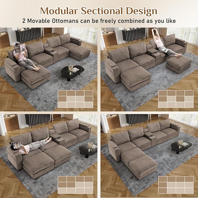 153 W x 60 D U Shape Sectional Sofa with USB Charging &amp Cup Holder &amp Storage 6 Seater Plush Corduroy Couches with Movable Ottoman Cloud Couch Sofas for Living Room DIY Combination - Brown