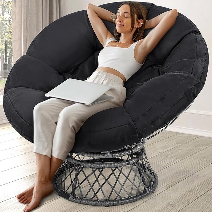 46 Giant Oversized Rattan Papasan Chair with Cushion and Frame for Adults Fluid 360° Swivel Waterproof Grey Frame with Black Cushion