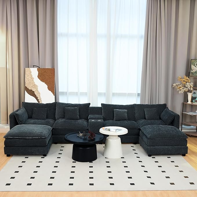 Oversized L-Shaped Modular Sectional Sofa with Storage Armrest Reversible Couch with Movable Ottoman USB Ports Cup Holders 360°Swivel Tray Comfy Cloud Cushions for Living Room (Black 144.49)