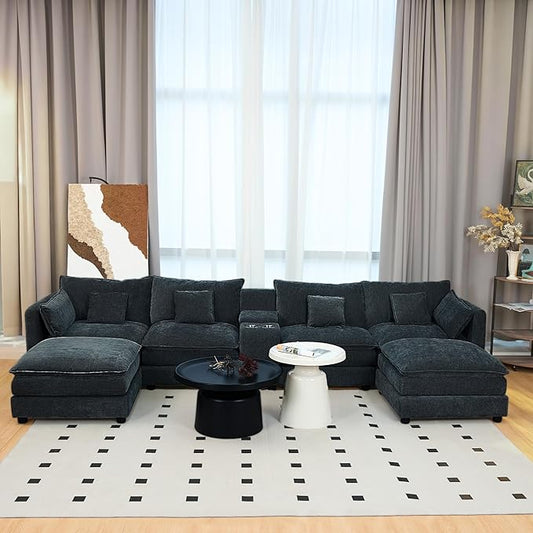 Oversized L-Shaped Modular Sectional Sofa with Storage Armrest Reversible Couch with Movable Ottoman USB Ports Cup Holders 360°Swivel Tray Comfy Cloud Cushions for Living Room (Black 144.49)