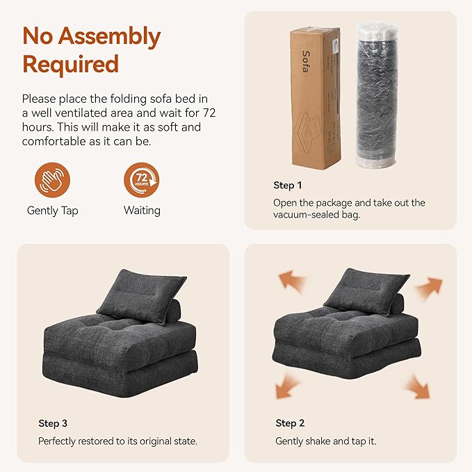 Folding Sofa Bed Fold Out Chair Bed with Pillow Convertible Sleeper Chair for Living Room/Guest Room Foldable Lazy Sofa Bed Floor Chair Comfy Teddy Velvet Couch Bed Grey