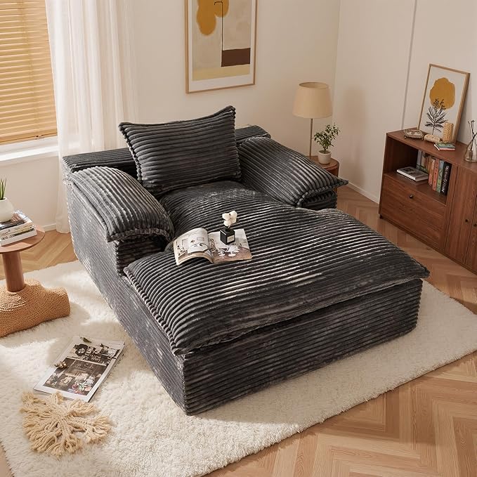 Chaise Lounge Chair Indoor Oversized Sleeping Couch 67L *53W Assembly Free Modern Minimalist Sofa With Comfy Curved Armrest Extra Deep Large Single Sofa for Living Room(Grey Plush Fabric)