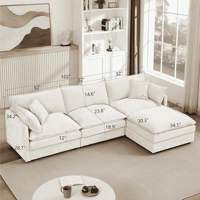 Homy Casa 102 Inch L Shaped Couch Set3-Seat Sectional Sofa with Chaise Comfortable Chenille Fabric Removable Cushions Ottoman DIY CombinationModern Design for Living/Family Room – Beige