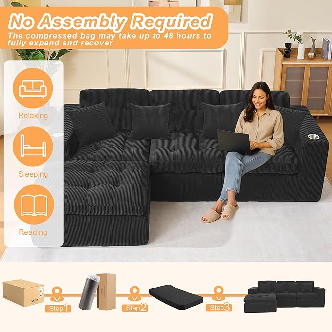 Modular Cloud Couch Sectional Sofa 108 Cloud Sectional Couch with Deep Seat 3 Seat Modular Sofa Memory Foam Upholstered Boneless Couches for Living Room Bedroom No Assembly Required Black