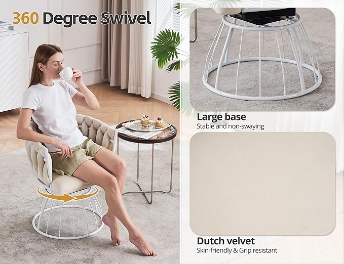 Mistpeople Swivel Weave Accent Chair Velour Upholstered Modern Chair with Woven Tufted Backrest for Living Room Bedroom Vanity Beige