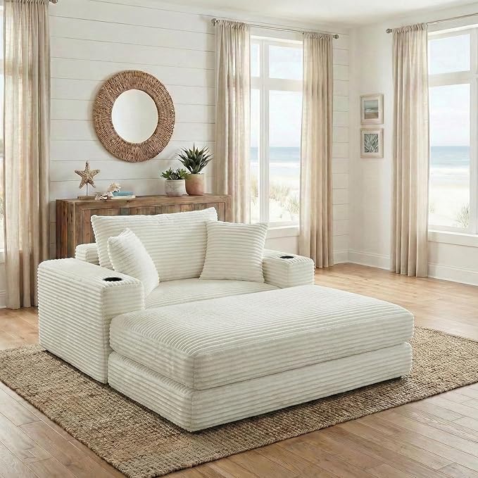 53 Oversized Chaise Lounge Chair Indoor Modular 3-in-1 Corduroy Boneless Chair Cloud-Like Cozy Comfy Sofa Bed Sleeper Couch for Reading Living Room Bedroom Beige