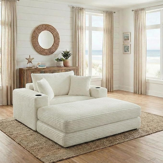 53 Oversized Chaise Lounge Chair Indoor Modular 3-in-1 Corduroy Boneless Chair Cloud-Like Cozy Comfy Sofa Bed Sleeper Couch for Reading Living Room Bedroom Beige