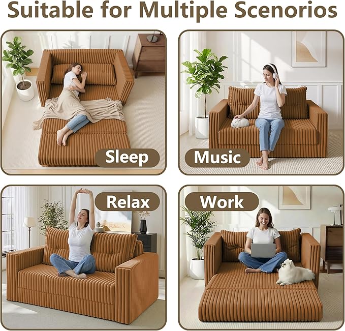 HABUTWAY Folding Sofa Bed 2 in 1 Convertible Sleeper Chair with Pillow Portable Fold Out Chair Bed with Armrest Comfy Floor Couch Lazy Sofa for Living Room Bedroom Dorm Home Office Orange