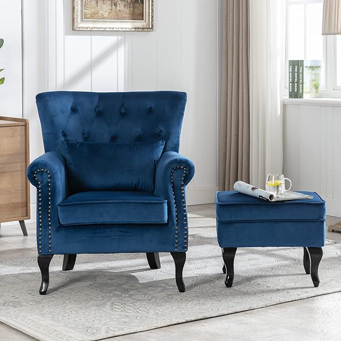 chairus Mid-Century Modern Accent Chair with Ottoman Comfy Velvet Single Sofa Chair Button Tufted Wingback Armchair with Pillow for Living Room/Bedroom/Club - Blue