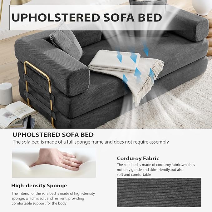 4-in-1 Folding Convertible Sofa Bed 78 Inch Boneless Couch with Fixed-Shape Frame Corduroy Loveseat Sleeper with Pull Out Bed Floor Sofa Modular Futon Couch for Living Room Bedroom Lounge (Grey)