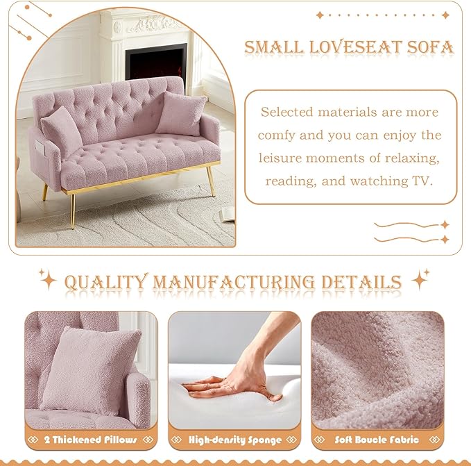 Small Loveseat Sofa 55.5-inch Modern Sofa Couch with with 2 Side Pockets Modern Tufted Sofa with Golden Metal Legs Upholstered Space Saving Love Seat for Living Room Bedroom Office Pink Teddy