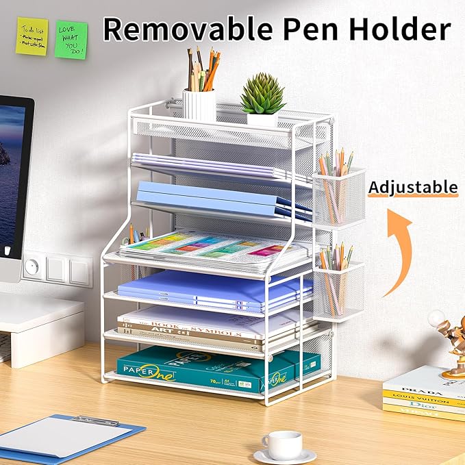 7 Tier Desk File Organizer – Vertical File Organizer for Desk with Removable Pen Holder &amp Adjustable Drawer – Metal Document Organizer for Office Simple Trending Design – White