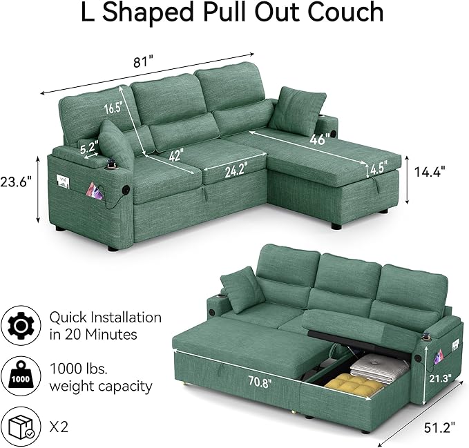 Pull Out Couch L Shaped Convertible Sleeper Sofa Bed with Hidden Storage for Living Room Apartment 3-in-1 Linen Sectional with Side Pocket Charging Station Cup Holder (Green)