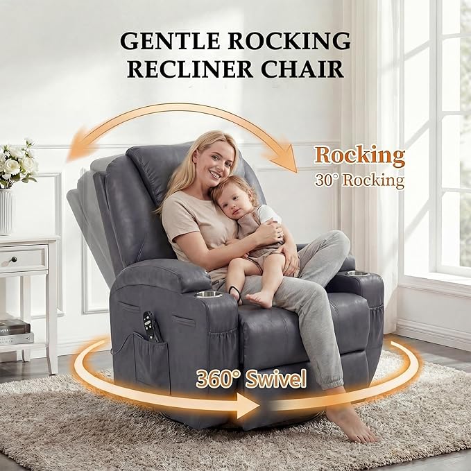 Flamaker Swivel Rocker Recliner for Adults 360 Glider Rocking Chair with Vibration Massage Upholstered Recliner Chair with 2 Cup Holders &amp Side Pockets for Living Room Nursery (Leathaire Grey)