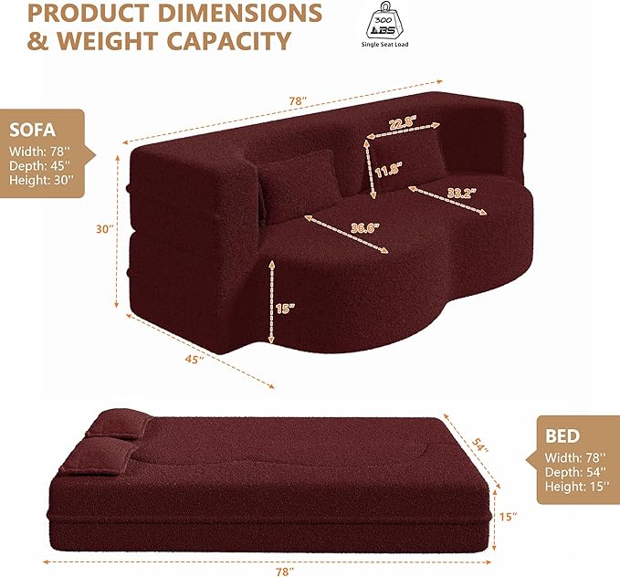 Aoowow Folding Sofa Bed 78” Convertible Sleeper Sofa with Pillows Modern Teddy Fabric Floor Loveseat Couch Comfy Foam Filled Couches Folding Mattress for Living RoomBurgundy