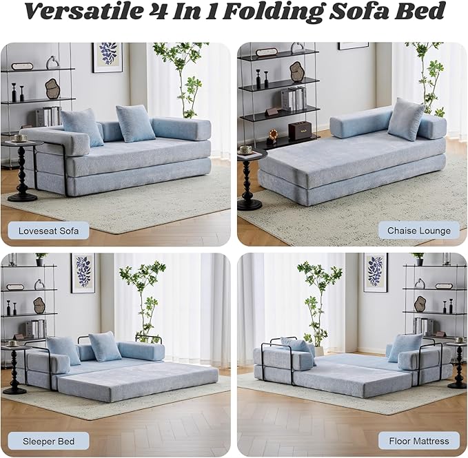 Folding Sofa Bed Modular Sectional Cloud Couch Convertible Sleeper Sofa Bed with Pillow Back Support Armrest for Living Room Bedroom Lounge No Assembly Required Chenille(Light Blue)