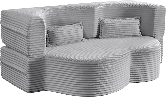 2 in 1 Folding Floor Couch Sofa Bed with 2 Pillows Convertible Sleeper Sofa Modern Full Mattress for Living Room Guestroom Plush Corduroy Floor Sofa BedNo Assembly RequiredLight Grey