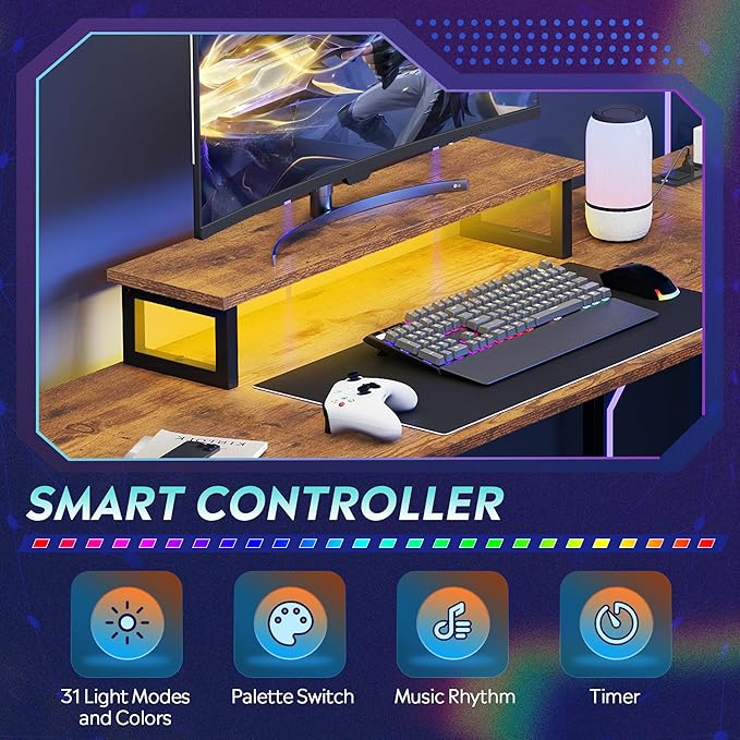 DEVAISE 66 Inches L Shaped Desk with Drawers L Shaped Office Desk with Power Outlets Monitor Stand Computer Table Gaming Desk with LED Light Large Corner Desk for Home Office (White)