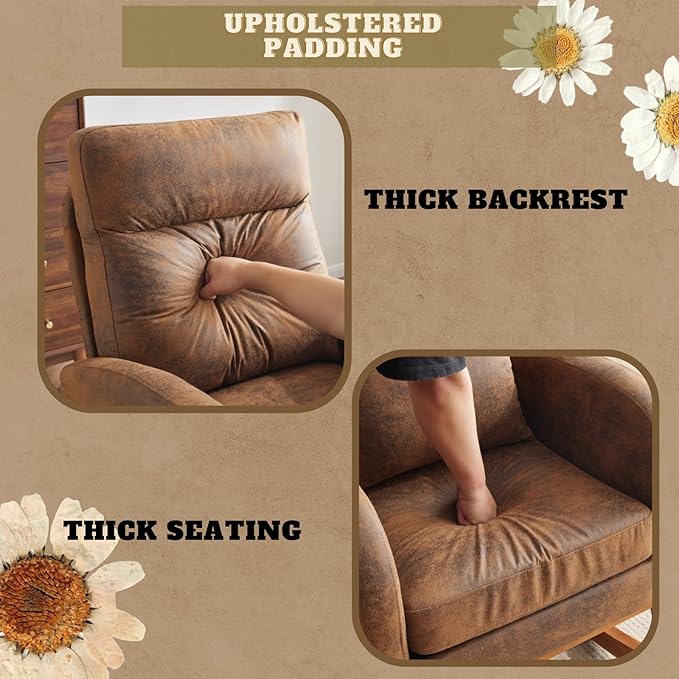 VINGLI Rustic Microfiber Nursing Rocking Chair with Thick Headrest Upholstered Mid-century Modern Nursery Rocker Glider with Curved Armrest Sturdy Solid Wood Base for Living Room Bedroom Baby Room