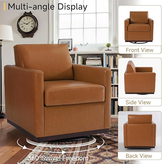 Pia Ricco Single Swivel Barrel Chair Modern Accent Armchair in Easy-Clean PU Leather Mid-Century Style for Living Room or Home Office Brown